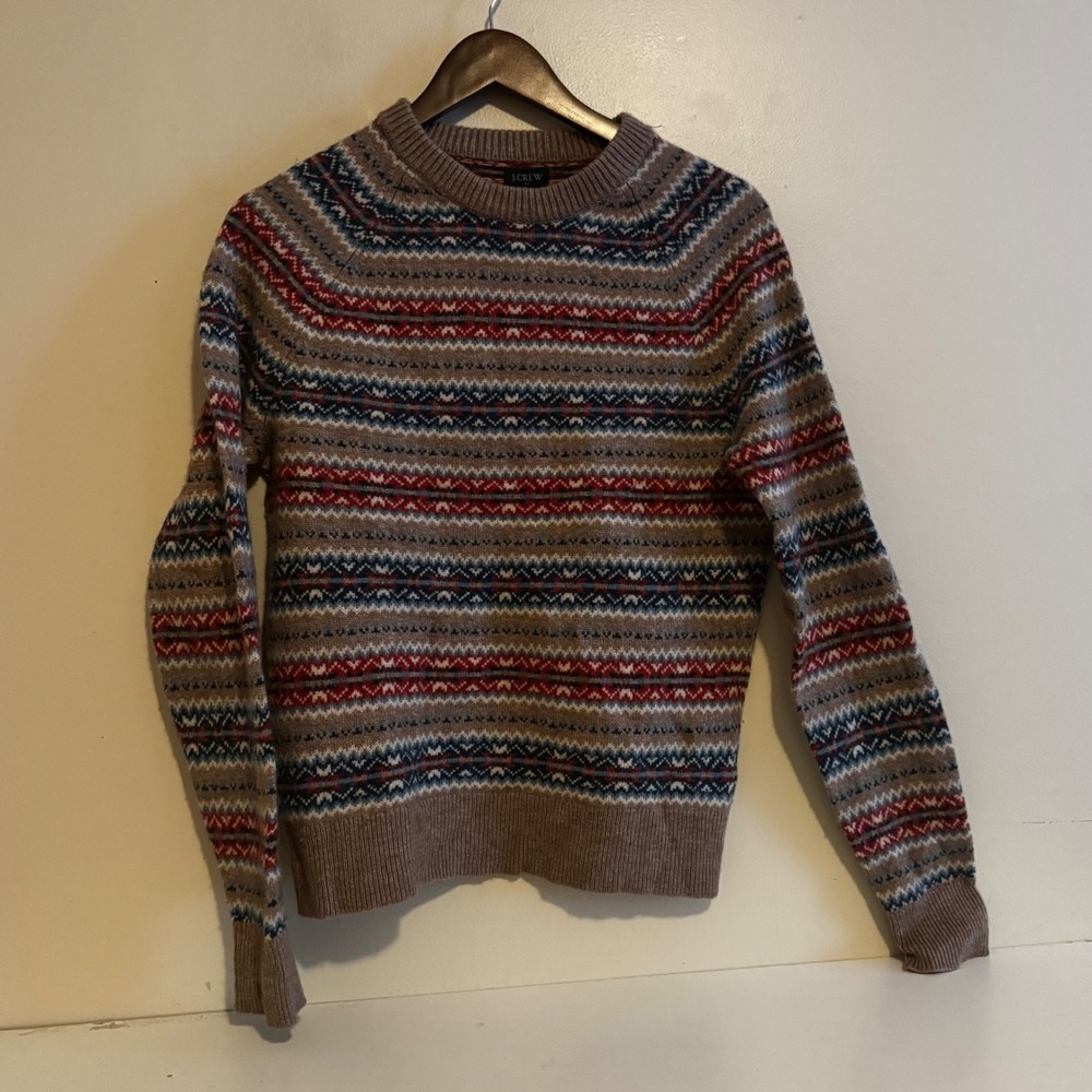 J. Crew Women's Sz S Fair Isle Lambswool Blend Crew Neck Sweater Brown Fall